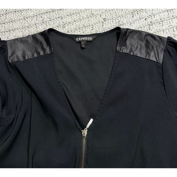 Express Blouse Half Zip V Neck Faux Leather Shoulder Lightweight Womens M Black - Picture 8 of 8